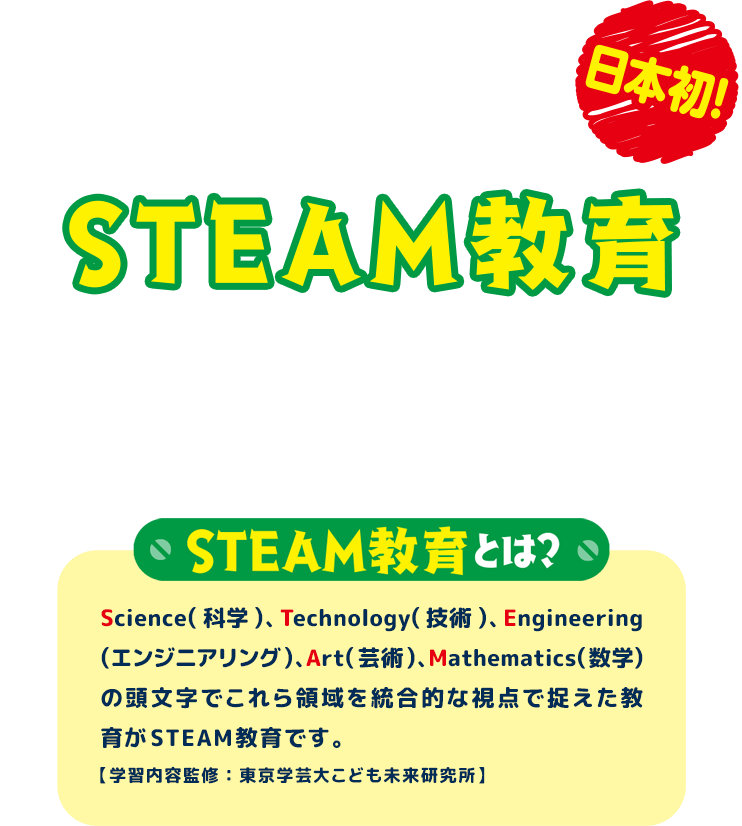 日本初！ トーマスと一緒に遊びながら学べる、STEAM教育エンターテインメントイベント Science(科学)、Technology(技術)、Engineering(エンジニアリング)、Art(芸術)、Mathematics(数学)の頭文字でこれら領域を統合的な視点で捉えた教育がSTEAM教育です。 【学習内容監修：東京学芸大こども未来研究所】