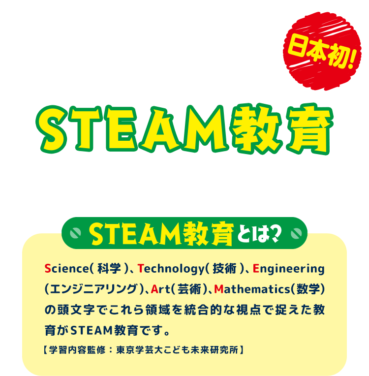 日本初！ トーマスと一緒に遊びながら学べる、STEAM教育エンターテインメントイベント Science(科学)、Technology(技術)、Engineering(エンジニアリング)、Art(芸術)、Mathematics(数学)の頭文字でこれら領域を統合的な視点で捉えた教育がSTEAM教育です。 【学習内容監修：東京学芸大こども未来研究所】